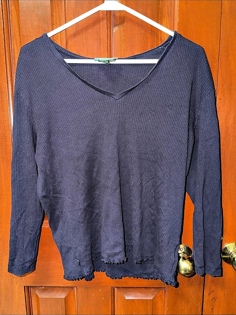 Lauren Ralph Lauren Rib-Knit Long-Sleeve V-Neck Top in Navy Blue